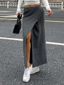 DAZY Asymmetric High Slit Elegant Business Casual Loose Straight Knit Sweater Skirt Set For Women, Autumn/Winter - Dark Grey - View 6