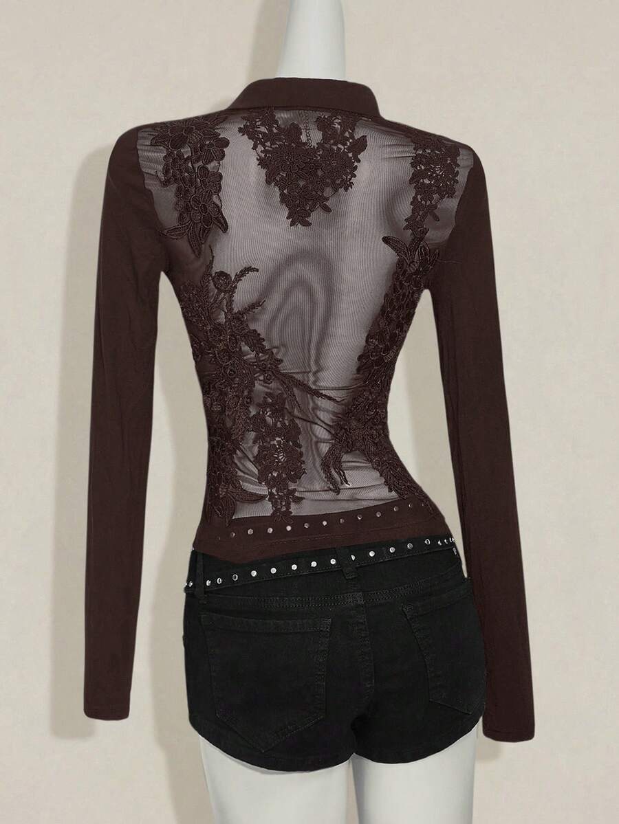 SHEIN ICON Fitted Long Sleeve T-Shirt With Embroidered Floral Mesh Back Panel - Brown - View 1