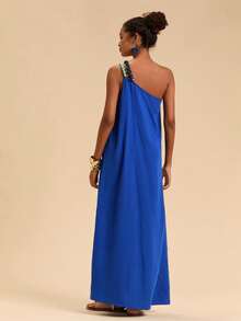 Travachic Đầm suông không tay rộng rãi màu trơn đính hạt thường ngày cho nữ - Màu xanh lam - Xem 3