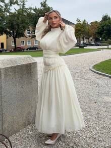 Jeta Ari Waist Cinching Lantern Sleeve Midi Dress Maxi Women Outfit - Apricot - View 5