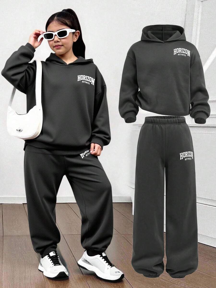 SHEIN 少女休闲街头风字母印花落肩连帽衫和抽绳运动裤保暖运动套装,深灰色 - 深灰色 - 查看 1