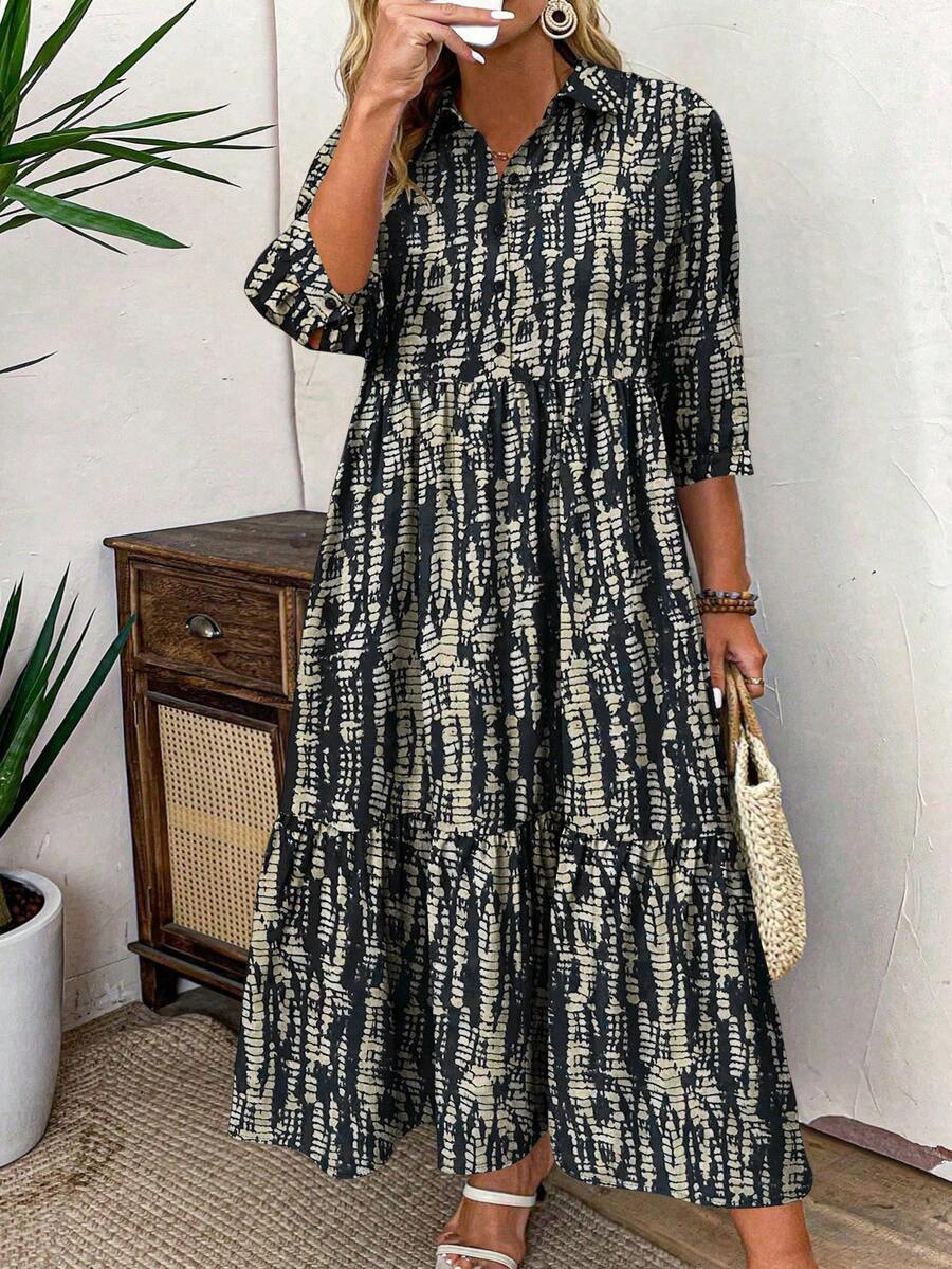 EMERY ROSE Plus Size Women Allover Print 3/4 Sleeve Button Half Placket Ruffle Hem Casual Loose Dress - Multicolor - View 1