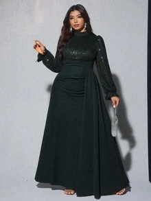 Viva Relle 大码女式优雅亮片装饰长袖高腰喇叭裙，适合宴会、派对、婚礼宾客、新年、圣诞节 - 黑色 - 查看 6