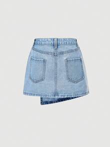 SHEIN MOD 女式花卉刺绣不对称下摆休闲牛仔裙 - 藍色 - 查看 2