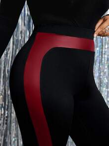 Cravure Plus Size Autumn Fashion Elastic Waist Contrast Color Leggings - Multicolor - View 3
