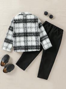 Souflis Souflis Young Boy's Fashion Casual Plaid Woolen Suit Jacket And Black Relaxed Fit Pants Set, Elegant Tailoring With Stylish Large Plaid Woolen Fabric