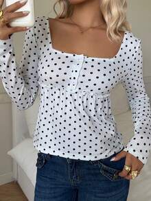 SHEIN EZwear 女式休闲白色波尔卡圆点方领长袖修身T恤，秋季 - 白色 - 查看 7