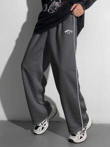 SHEIN 青少年男童宽松直筒裤，撞色黑色饰边，秋冬百搭，适合上学、居家、日常穿着、运动、生日派对、郊游，百搭、简约、复古 - 深灰色 - 查看 4