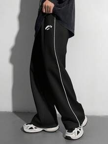 SHEIN 青少年男童宽松直筒裤，撞色黑色饰边，秋冬百搭，适合上学、居家、日常穿着、运动、生日派对、郊游，百搭、简约、复古 - 黑色 - 查看 3