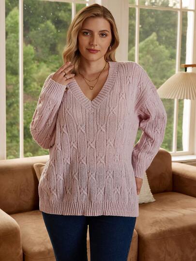 Rosumi Plus Size Casual Loose-Fitting V-Neck Sweater With Twisted Knit For Warmth, Suitable For , Vacation, Parties, Music Festivals, Home Wear, Back-To-School Events, As A Gift, And For Shopping.,Spring