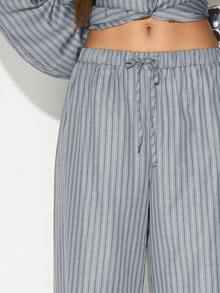 KIZN 高腰阔腿条纹阔腿裤，腰部配有抽绳，适合休闲办公室穿着 - 彩色 - 查看 4
