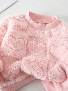 SHEIN Babygirl 可爱粉色心形毛绒运动衫和松紧腰裤套装，秋冬