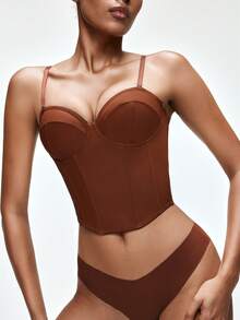 SHAPORA 巧克力棕色腰部修身无缝文胸上衣带钢圈，简约休闲风格，适合派对和日常穿着 - 咖啡棕 - 查看 3