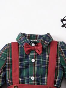 SHEIN 男婴都市学院风可爱绿色格子长袖翻领衬衫和松紧腰连体裤绅士装套装 - 彩色 - 查看 5