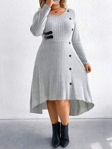 EMERY ROSE Plus Size Women's Grey Everyday Autumn Smart Casual Knit Ribbed Crew Neck Button Decor Dress,Front Short Back Long Elegant Thanksgiving Party Commute - Grey - View 7