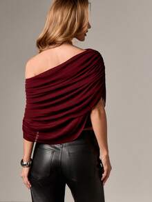 AiiRZ Off Shoulder Draped Top With Elegant Ruched Design For Fall Winter Evening Occasions - Burgundy - View 2