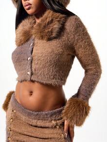 SUMWON WOMEN Fluffy Knit Cropped Cardigan With Fur Collar And Cuff Trim Button Front Winter Sweater - Brown - View 5