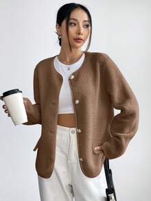 SHEIN Unity Women's Casual Loose Solid Color Long Sleeve Front Button Jacket - Brown - View 5