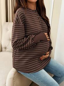 SHEIN Maternity Striped Button Half-Placket Drop Shoulder Long Sleeve Casual T-Shirt Brown Blouses For Women Coffee Brown Top Modest Tops For Women Dark Brown Top Brown Long Sleeve Top