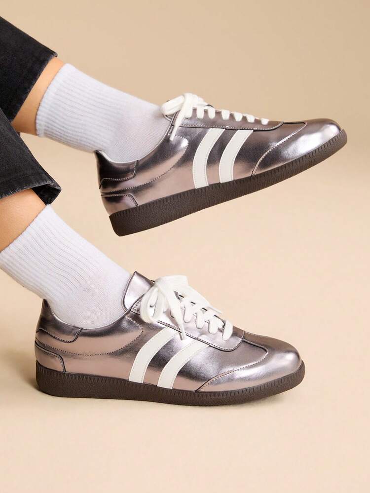 CUCCOO EASI Women's Round Toe Flat Casual Sneakers, Patchwork Design, PU Leather, Bronze Color, Suitable For Casual, Sports, Indoor And Outdoor Wear