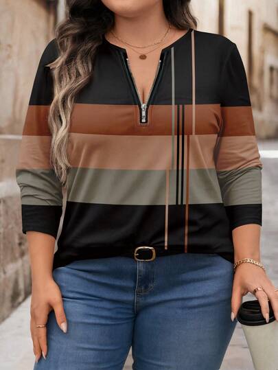 EMERY ROSE Roupas Femininas Plus Size para Dia dos Professores, Homecoming e Festivais de Música. Vestidos Femininos com Zíper para o Halloween. Listras Tricolores Contrastantes Inspiradas no Estilo Retrô Preppy. Camisetas Femininas Plus Size para o Outono, Primavera/Verão/Férias