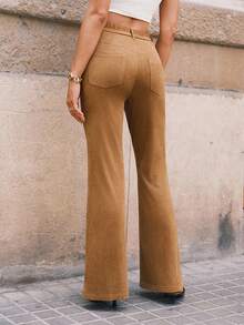 Avantive Beige Suede Slightly Lapsed Extra-Long Trousers Fall Winter For Women Christmas New Year Women Elegant Casual Thanksgiving For Women Brown Pants - Camel - View 9
