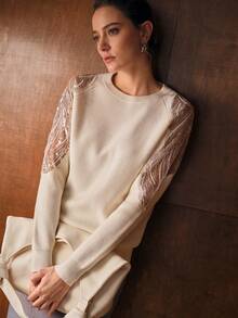 MOTF PREMIUM Pull tricoté élégant à col rond et manches longues avec perles, automne/hiver