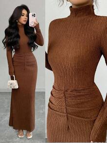 Rafferiza Vestido de punto elástico con cuello alto, manga larga y drapeado, versátil y sexy para el otoño/invierno