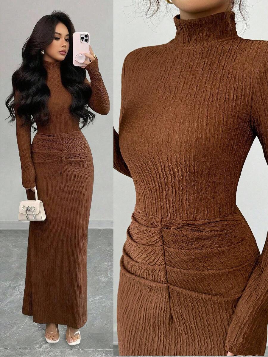 Rafferiza Vestido de punto elástico con cuello alto, manga larga y drapeado, versátil y sexy para el otoño/invierno