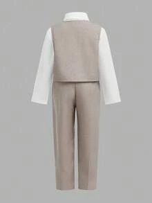 Young Boy 3-Piece Suit: Khaki Vest, Elastic Waist Pants, Bow Tie & Long Sleeve Shirt, Gentleman Style, Spring/Summer,In Fall/Winter