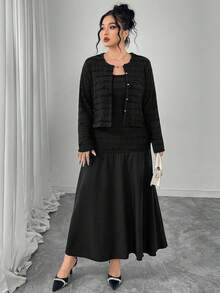Modelyn 大码女式针织连衣裙，纽扣下摆拼接设计，优雅长袖荷叶边装饰两件套 - 黑色 - 查看 6