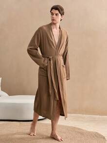 EverLounge 100%纯棉 Old Money 男士简约纯色纹理双口袋睡袍，秋季棕色长袍，适合度假和冬季穿着 - 棕色 - 查看 4