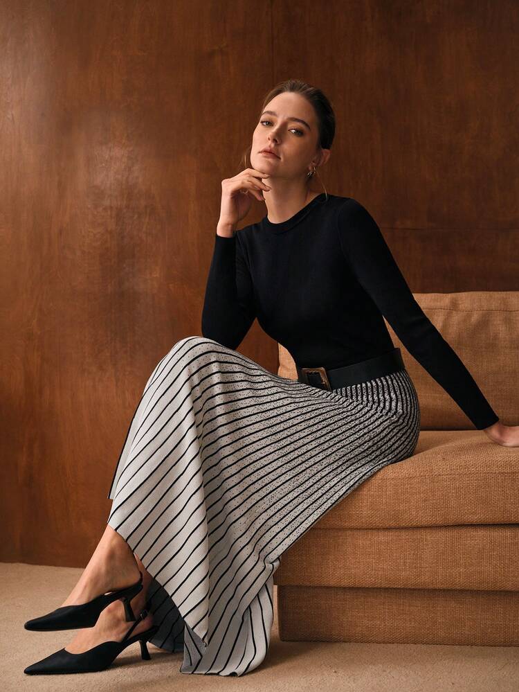 WAIST CINCHED OMBRE COLOR BLOCK FLARED SWEATER DRESS WITHOUT BELT