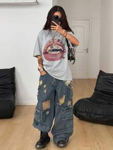 Coolane Áo thun nữ cổ tròn, tay ngắn, dáng rộng, họa tiết sáng tạo thời trang - Màu Xám nhạt - Xem 2