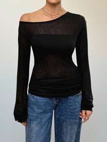 SHEIN Tall T-shirt noir d'automne basique sexy et chic pour femmes, couleur unie, col incliné, manches longues, top décontracté ample et transparent avec épaules dénudées, pour femmes grandes - Noir - Voir 1