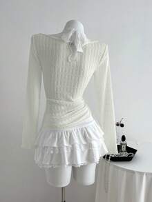 Elamini 蝴蝶结撞色蕾丝领口褶饰腰部修身长袖 T 恤 - 薄荷綠 - 查看 2