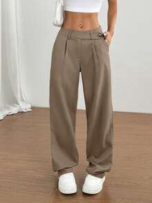 Flirla 1 件女士不对称腰部休闲、日常、通勤、购物卡其裤 - 摩卡棕 - 查看 4