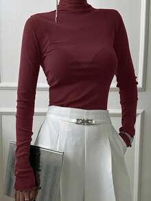 DAZY 女士纯色荷叶边高领修身T恤，咖啡棕色，四季皆宜长袖 - 酒紅色 - 查看 4