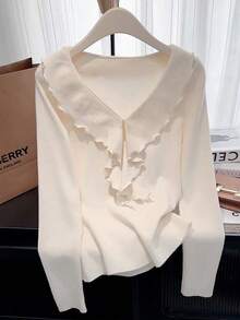 Qadelle Casual Solid Color Ruffle Hem Long Sleeve T-Shirt, Autumn - Apricot - View 3