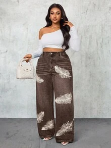 Slaydiva 大码女式高腰羽毛图案口袋阔腿宽松休闲牛仔裤 - 咖啡棕 - 查看 6