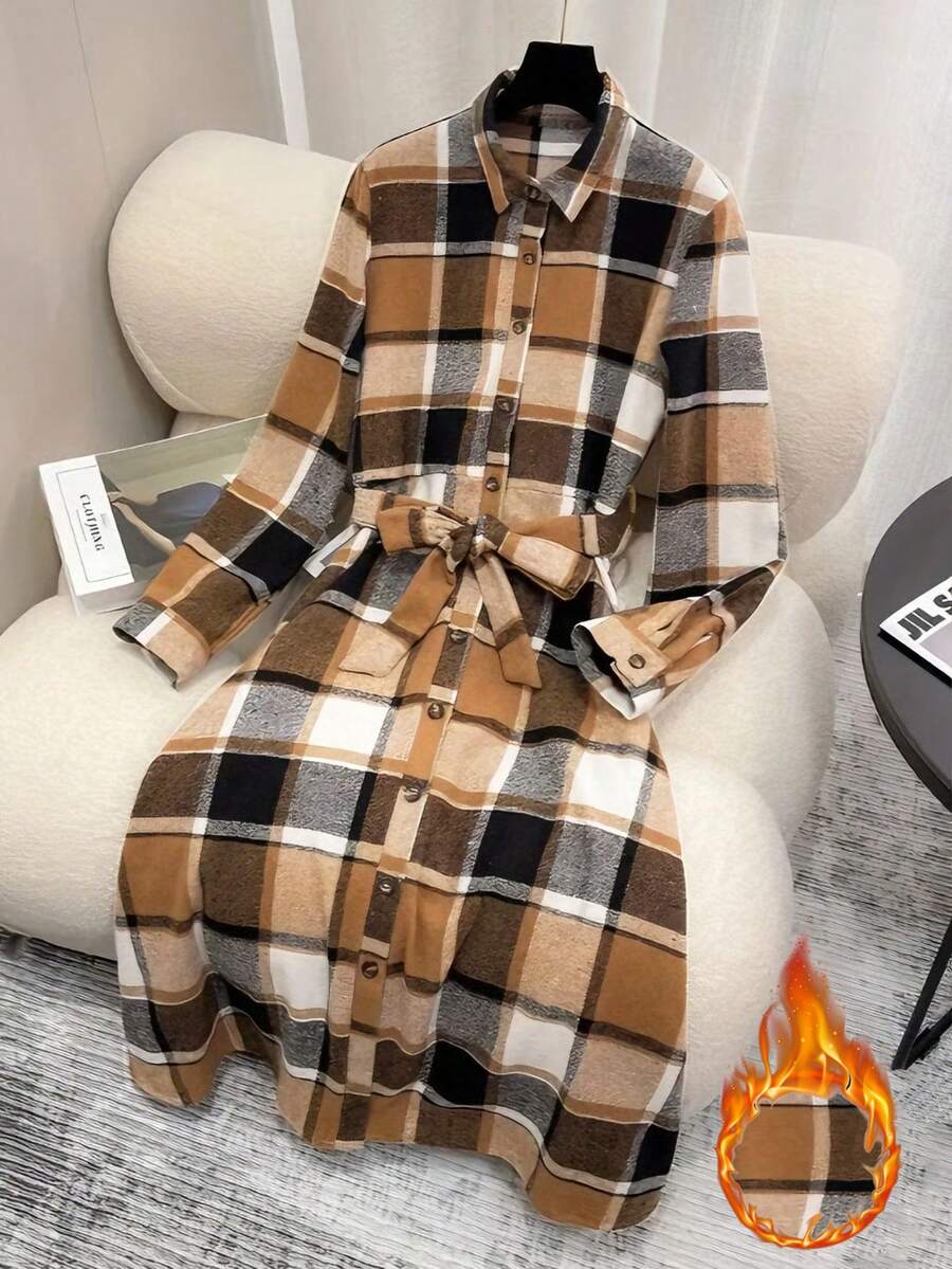 SHEIN Franclia Casual Urban Commuting Retro Plaid Long-Sleeved Belted Women's Autumn And Winter Mid-Length Shirt Dress, Elegant Women's Outfits, Stylish And Chic Women's Suits, Thanksgiving Outfits, New Year's Clothing. - Khaki - View 1