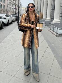 Aloruh 女式动物印花披肩领长袖仿皮草时尚夹克，秋冬仿皮草大衣动物印花大衣仿皮草夹克猎豹印花夹克女式动物印花派对俱乐部服装女式秋季服装万圣节服装万圣节冬装女式万圣节服装女式冬装秋季服装女式秋季服装秋季服装女式秋季服装 - 彩色 - 查看 9