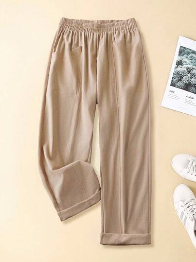 Linhara JORESS Plus Size Women Solid Color Elastic Waist Pocket Loose Tapered Pants