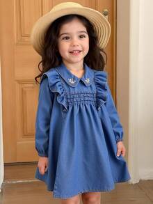 SHEIN Váy denim cho bé gái, thiết kế cổ Peter Pan dễ thương mới, váy denim thêu màu xanh bạc hà. Thoải mái & đa năng, thiết yếu cho trang phục hàng ngày - Rửa trung bình - Xem 10