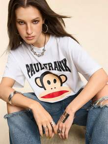 Paul Frank X SHEIN Women's Casual Letter & Monkey Print Short Sleeve T-Shirt, Summer - White - View 3