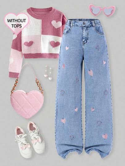 Sparklyn Jeans de pierna ancha con bordado y cierre con cremallera para adolescentes, jeans rectos de pierna ancha con bordado de corazón en color rosa, diseño nuevo de los años 2000 (Y2K), jeans holgados de pierna recta con bordado de corazón, estilo de los años 90 y 2000 (Y2K)