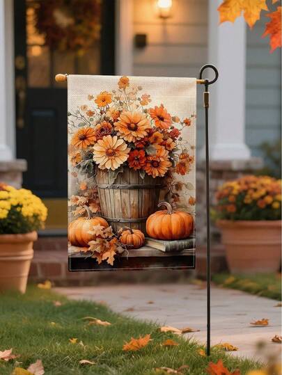 SHEIN Basic living 1Pc Autumn Harvest Pumpkin & Floral Garden Flag - Holiday Double-Sided Waterproof Burlap, 11.8x17.7 Inches - Outdoor Autumn Decor, Outdoor Decoration (Flagpole Not Included)