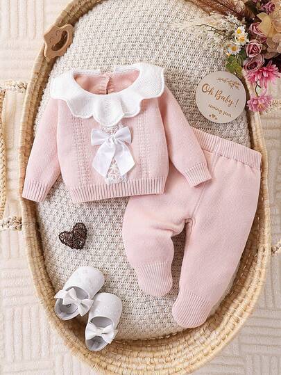 SHEIN Newborn Baby Girl Sweater & Pants 2-Piece Set, Ruffled Collar Long Sleeve Knit Pullover Sweater With Handmade Bow + Knit Pants, Elegant & Fashionable, Comfortable For Autumn/Winter, Pink & Light Pink, Suitable For Daily Wear, Home, Outings, Travel, Nursery Baby Set Autumn Winter Season Baby Girl Knitted Outfit Baby Girl Sweaters Set Pink Bow Baby Outfit Baby Girl Winter Clothes Set Preppy Clothes For Kids