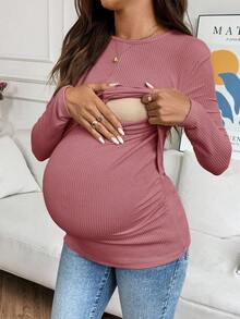 SHEIN 孕妇纯色圆领长袖扭腰设计休闲哺乳上衣 - 粉色 - 查看 6