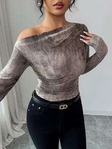 Elenzga Casual Autumn Tie Dye Textured Oblique Shoulder Ruched Long Sleeve Elegant T-Shirt - Brown - View 3